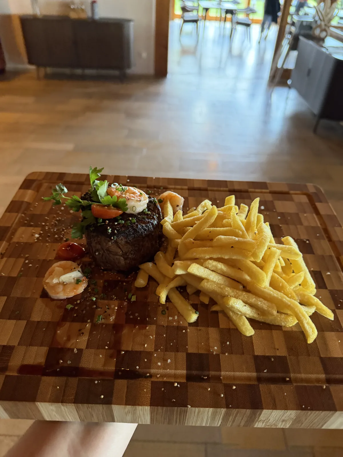 Rinderfilet mit Pommes frites, serviert im Restaurant Altmühlsee